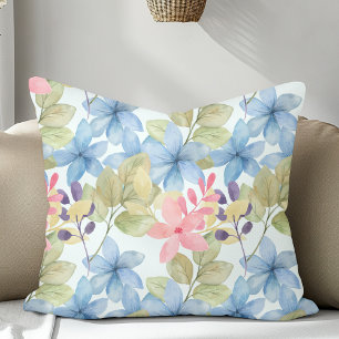 Pink And Blue Pastel Floral Watercolor Light Green Cushion