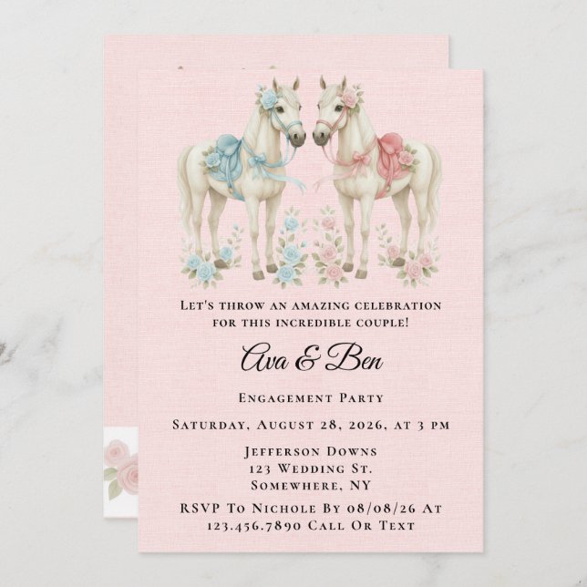 Pink and Blue Pastel Flower Horse Engagement Party Invitation (Front/Back)