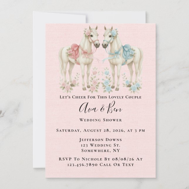 Pink and Blue Pastel Flowers Horse Wedding Shower Invitation (Front)
