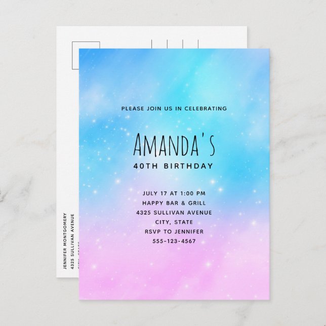 Pink and Blue Pastel Gradient Sky Birthday Invitation Postcard (Front/Back)