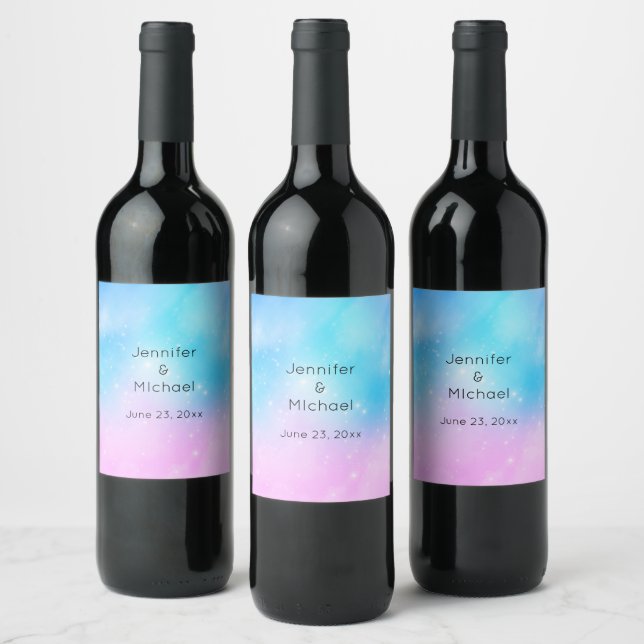 Pink and Blue Pastel Gradient Sky Wedding Wine Label (Bottles)