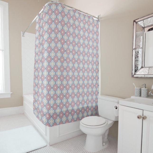 Pink and Blue Pattern Shower Curtain (In Situ)