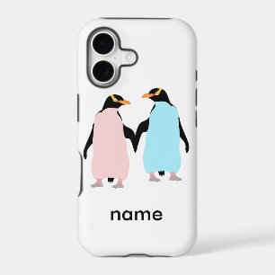 Pink and blue Penguins holding hands.