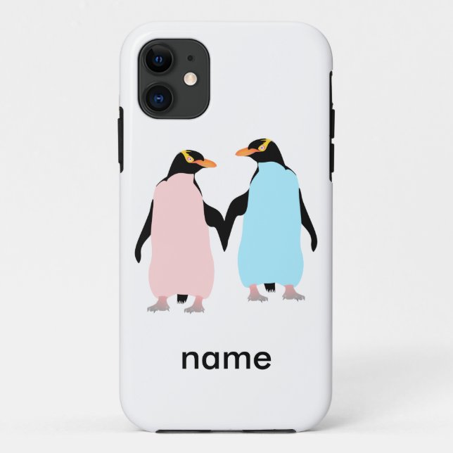 Pink and blue Penguins holding hands. Case-Mate iPhone Case (Back)
