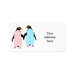 Pink and blue Penguins holding hands. Label