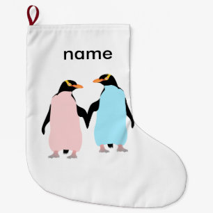 Pink and blue Penguins holding hands. Large Christmas Stocking