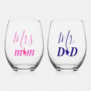 Pink and Blue Personalized Mr. Dad and Mrs. Mom Stemless Wine Glass