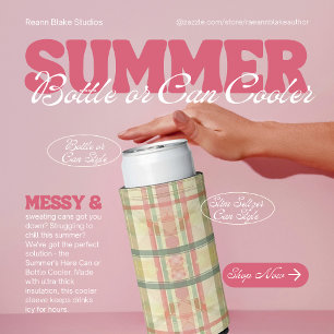 Pink and Blue Plaid Can or Bottle Cooler