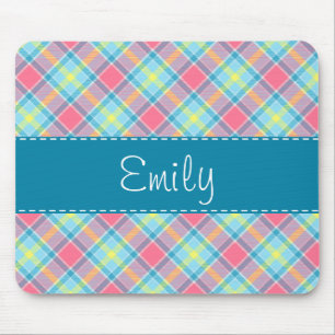 Pink and Blue Plaid Pattern Mouse Mat