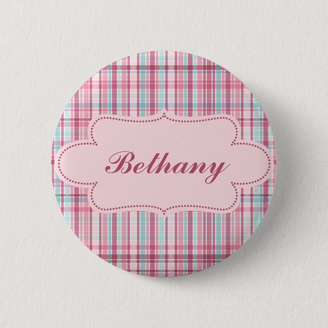 Pink and Blue Plaid with Label 6 Cm Round Badge (Front)