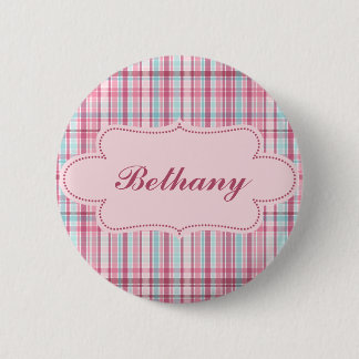 Pink and Blue Plaid with Label 6 Cm Round Badge