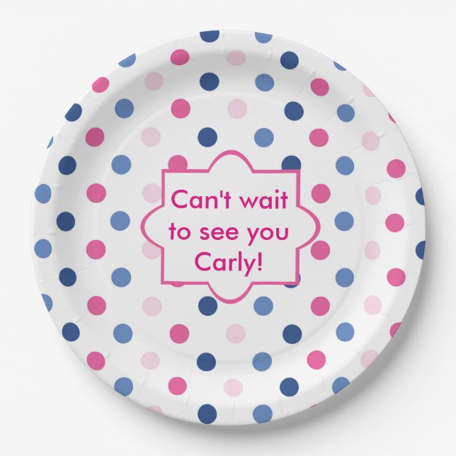 Pink and Blue Polka Dots Baby Shower Paper Plate (Front)