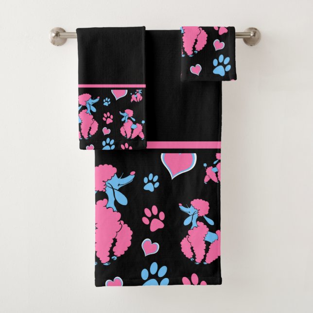Pink and Blue Poodle Pattern on Black Background Bath Towel Set (Insitu)