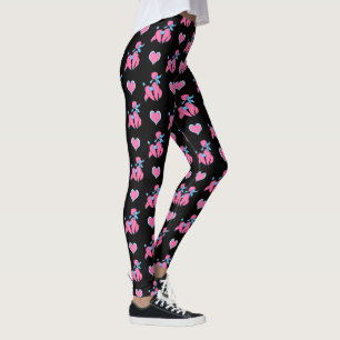 Pink and Blue Poodles and Hearts on Black Leggings