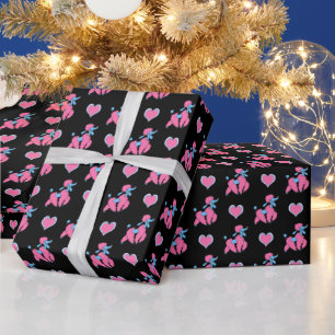 Pink and Blue Poodles and Hearts on Black Wrapping Paper