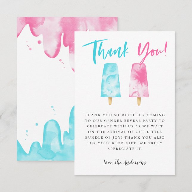 Pink and Blue Popsicle Gender Reveal Party Thank You Card (Front/Back)