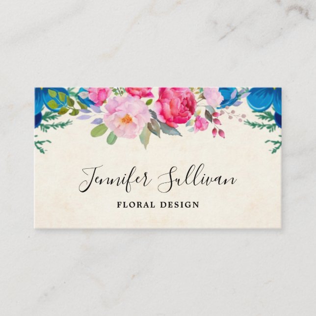 Pink and Blue Pretty Flower Border Professional Business Card (Front)