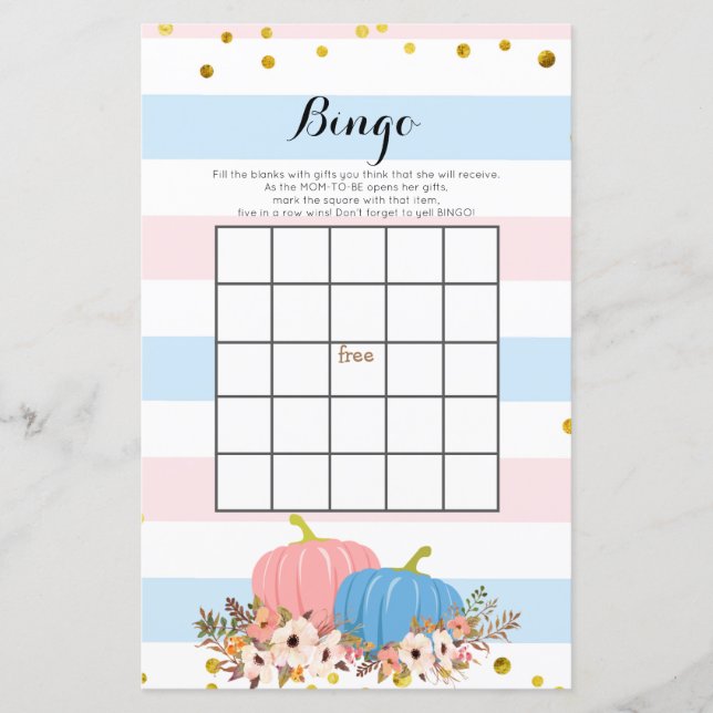Pink and Blue Pumpkin Baby Shower Bingo Game (Front)
