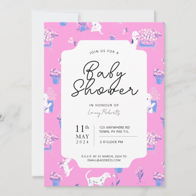 Pink and Blue Puppy Dog Floral Baby Shower Invitation (Front)