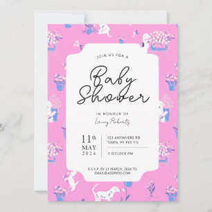Pink and Blue Puppy Dog Floral Baby Shower Invitation