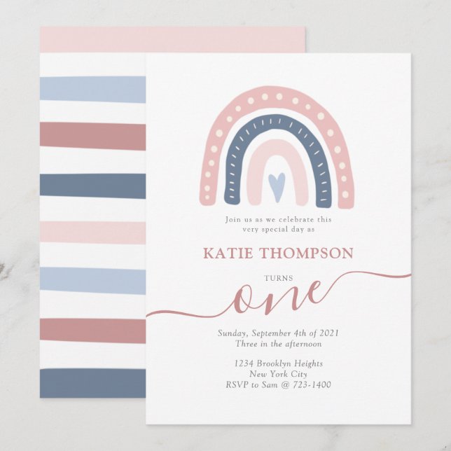 Pink and Blue Rainbow Boho First Birthday Invitation (Front/Back)