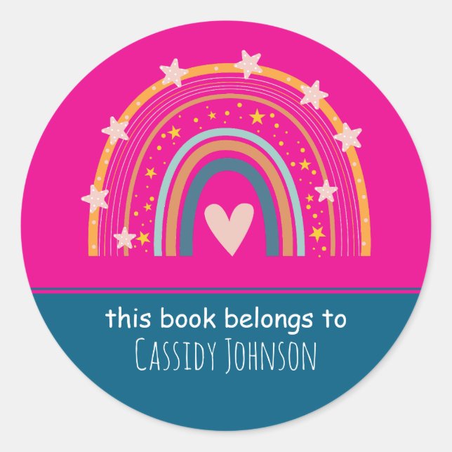 Pink and blue rainbow kids name  classic round sticker (Front)