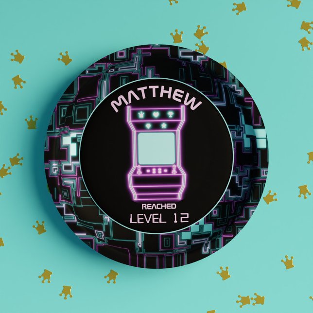 Pink and Blue Retro Arcade Video Game Paper Plate (Pink and Blue Retro Arcade Video Game Paper Plates)