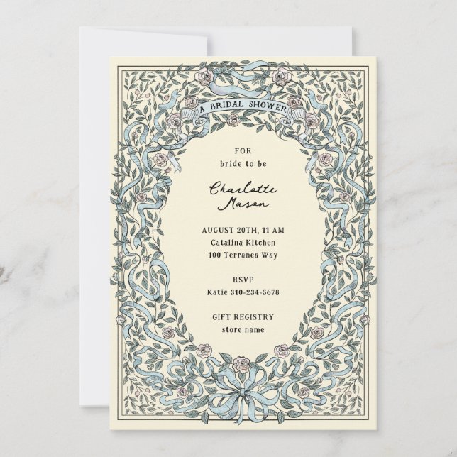 Pink and Blue Ribbons and Roses Bridal Shower Invitation (Front)