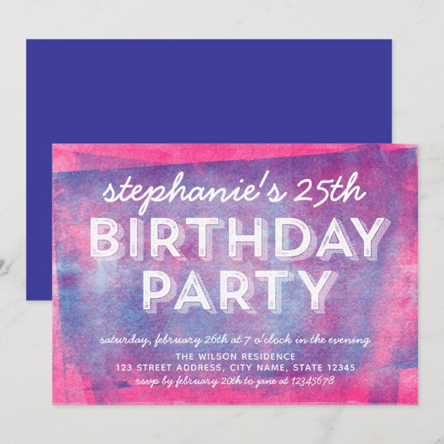 Pink and Blue Rolled Ink Any Age Birthday Invitation (Front/Back)