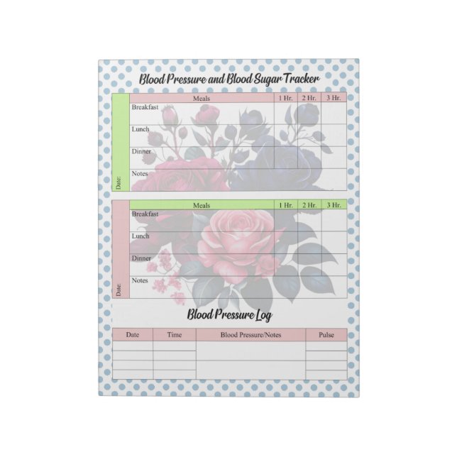 Pink and Blue Roses  Blood Sugar and Blood Pressur Notepad (Rotated)