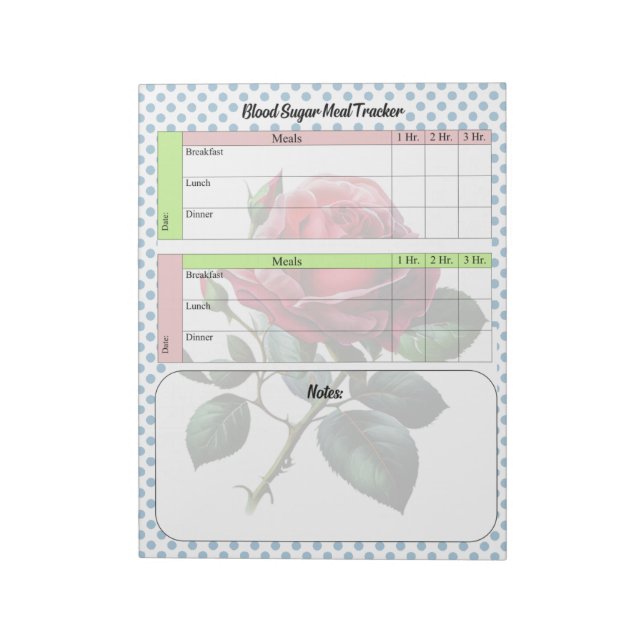 Pink and Blue Roses Blood Sugar Log Notepad (Rotated)