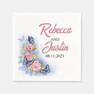 Pink and Blue Roses Floral Modern Boho Napkin