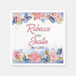 Pink and Blue Roses Floral Modern Boho Napkin