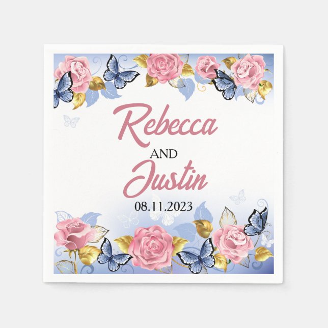 Pink and Blue Roses Floral Modern Boho Napkin (Front)