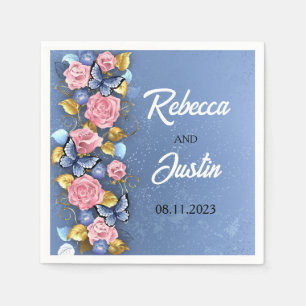 Pink and Blue Roses Floral Modern Boho Napkin
