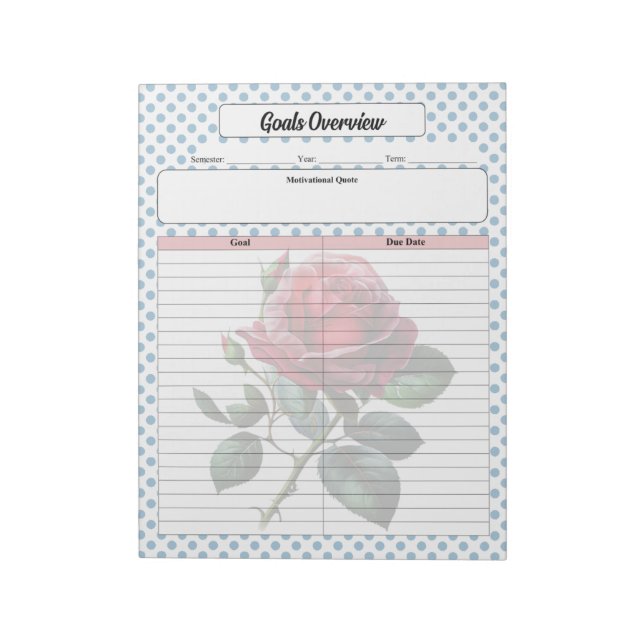 Pink and Blue Roses Goals Overview Notepad (Rotated)