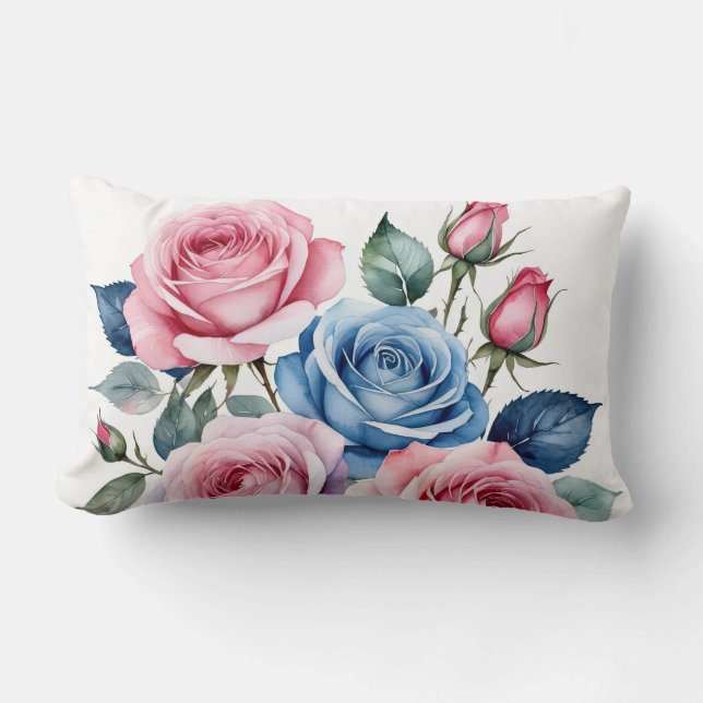 Pink and Blue Roses Lumbar Cushion (Front)