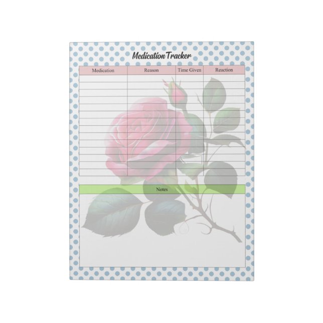 Pink and Blue Roses Medication Tracker Notepad (Rotated)