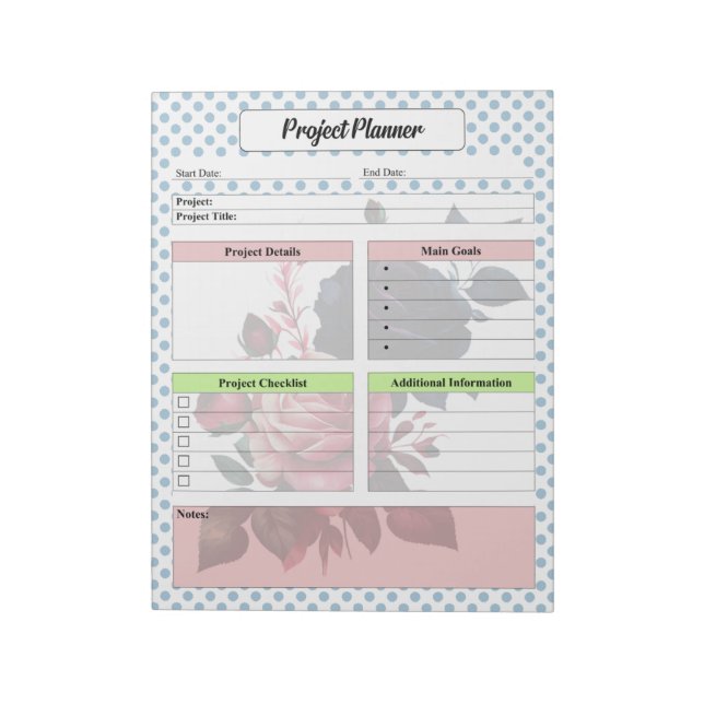 Pink and Blue Roses Project Planner Notepad (Rotated)