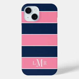 Pink and Blue Rugby Stripes 3 Letter Monogram iPhone 15 Case