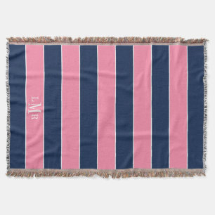 Pink and Blue Rugby Stripes 3 Letter Monogram Throw Blanket