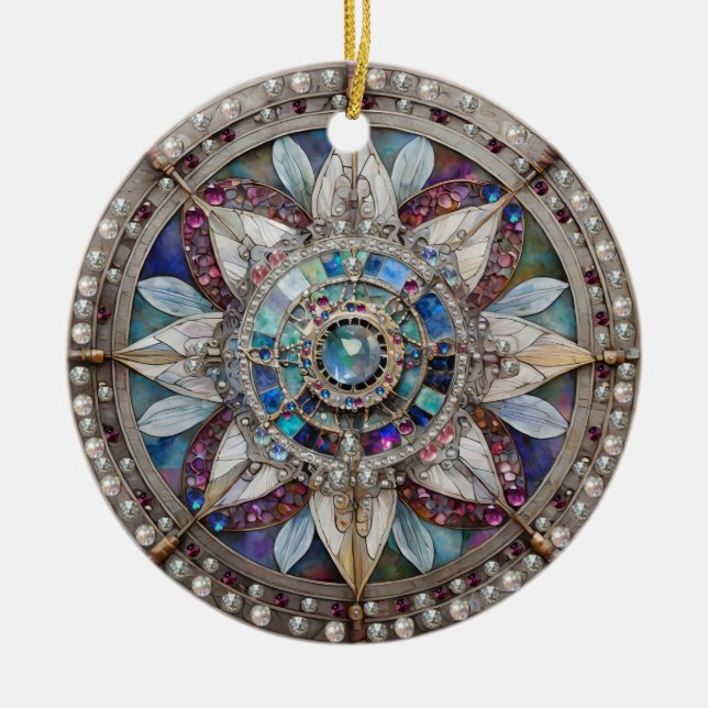 Pink and Blue Sapphires Diamonds Pearls Mandala Ceramic Tree Decoration (Front)
