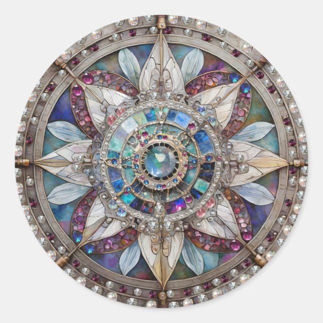 Pink and Blue Sapphires Diamonds Pearls Mandala Classic Round Sticker (Front)