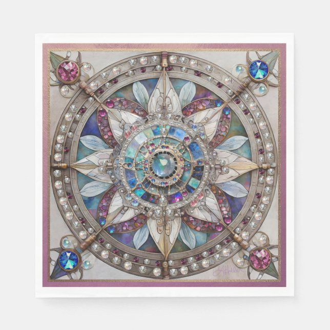 Pink and Blue Sapphires Diamonds Pearls Mandala Napkin (Front)