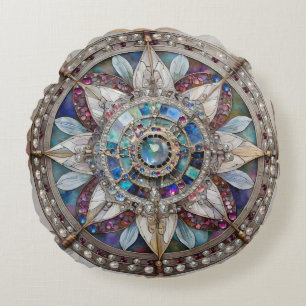 Pink and Blue Sapphires Diamonds Pearls Mandala Round Cushion