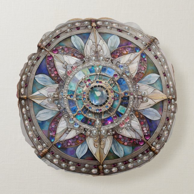 Pink and Blue Sapphires Diamonds Pearls Mandala Round Cushion (Front)