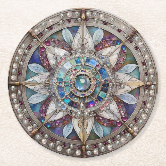 Pink and Blue Sapphires Diamonds Pearls Mandala Round Paper Coaster (Front)