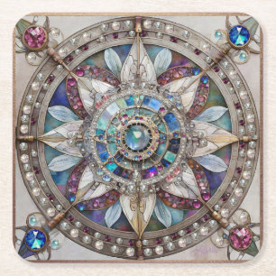 Pink and Blue Sapphires Diamonds Pearls Mandala Square Paper Coaster