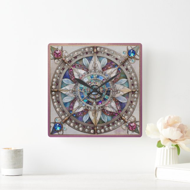 Pink and Blue Sapphires Diamonds Pearls Mandala Square Wall Clock (Home)