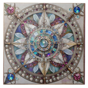 Pink and Blue Sapphires Diamonds Pearls Mandala Tile